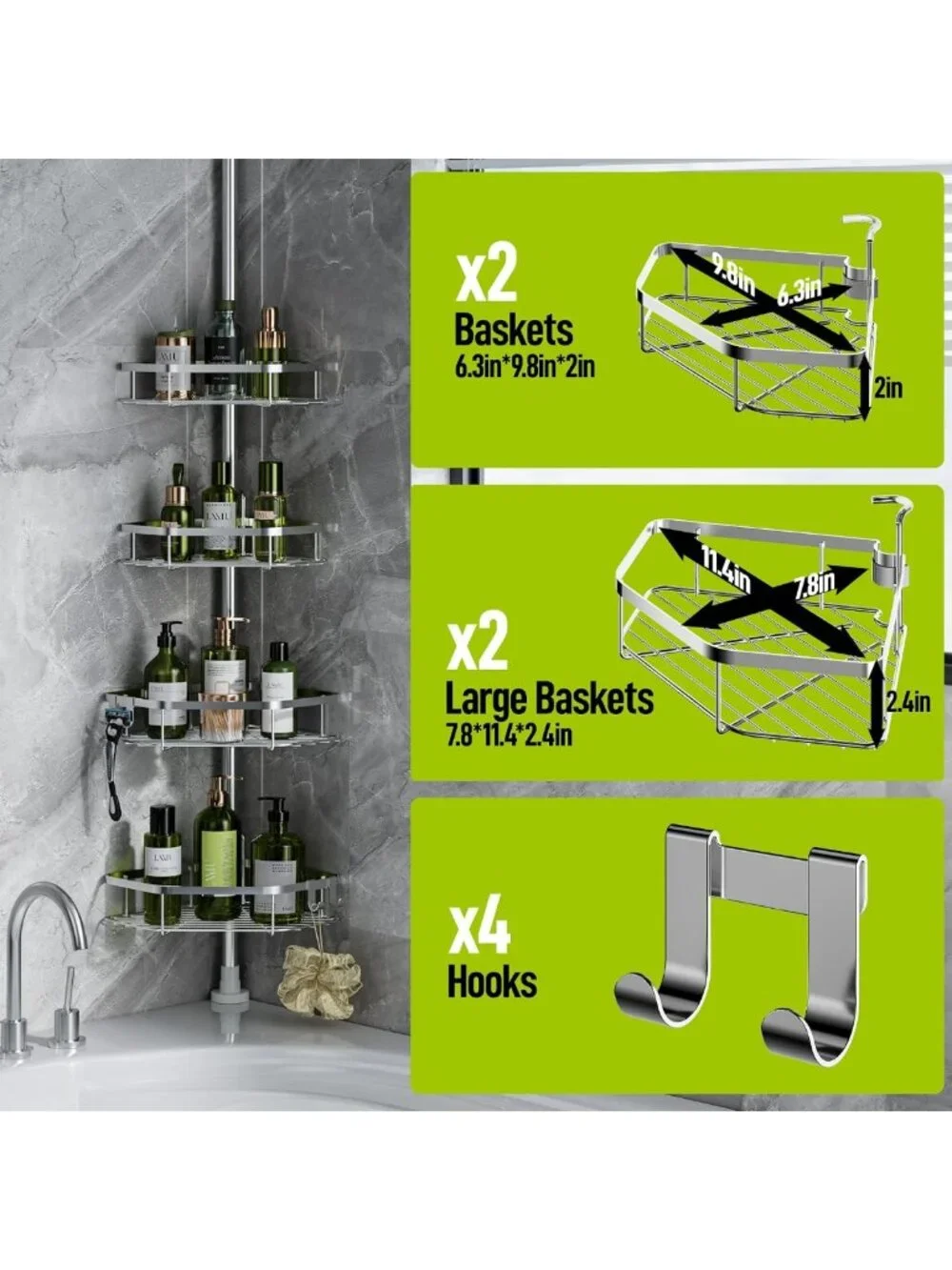 Stainless Steel Corner Shower Caddy - Adjustable 4-Tier Organizer with Hooks